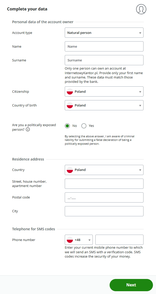 Form for a natural person