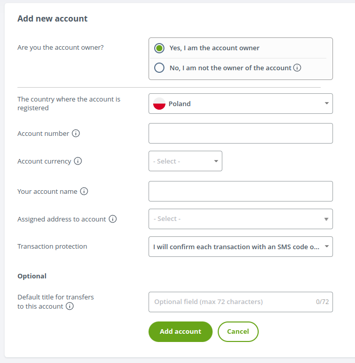 Form for adding a bank account