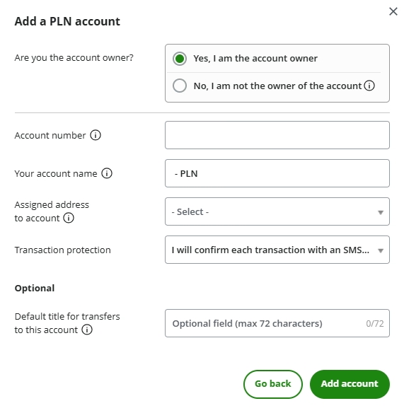 Form for adding a bank account